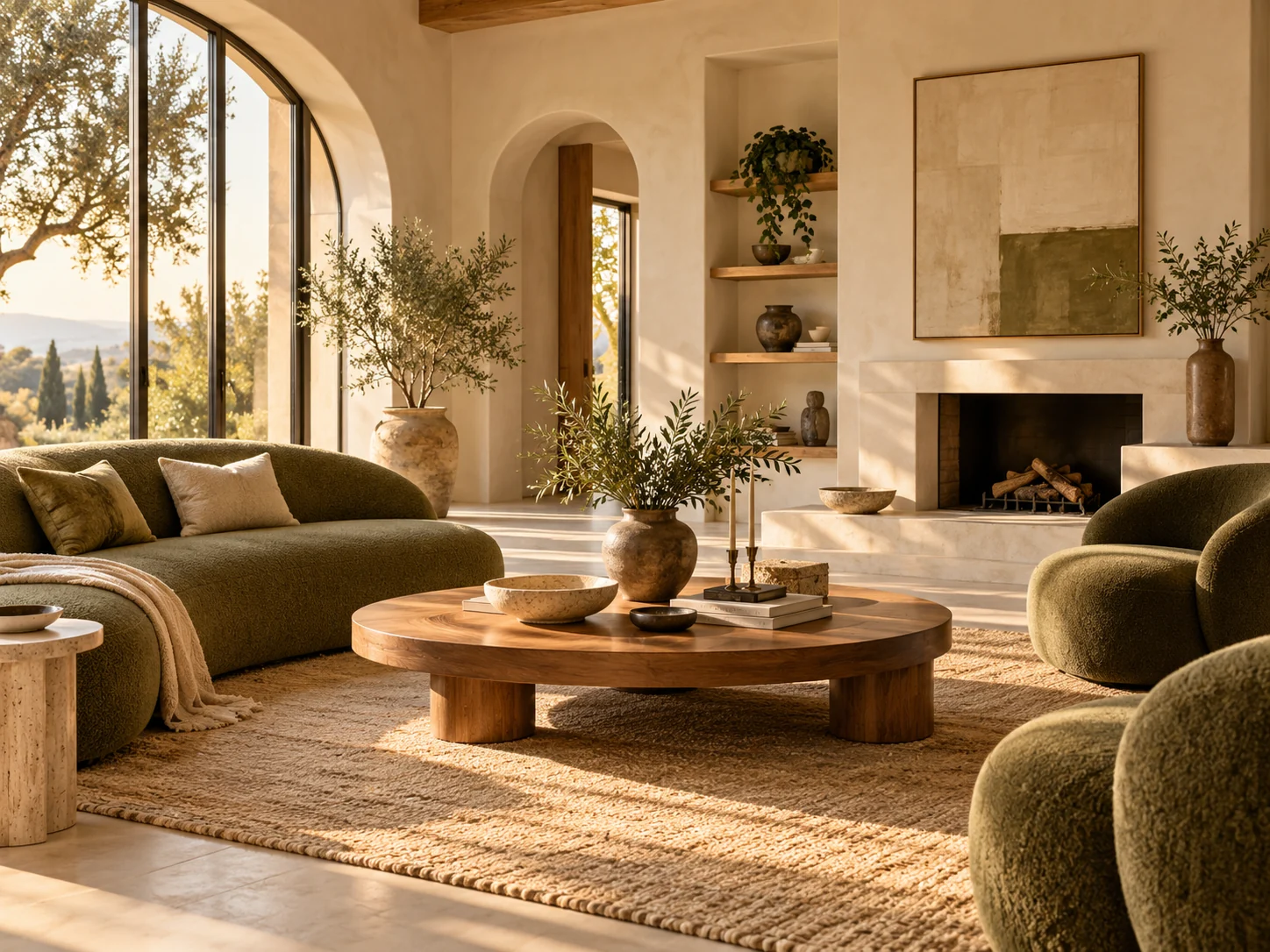 Warm residential living room with sculptural seating and natural light